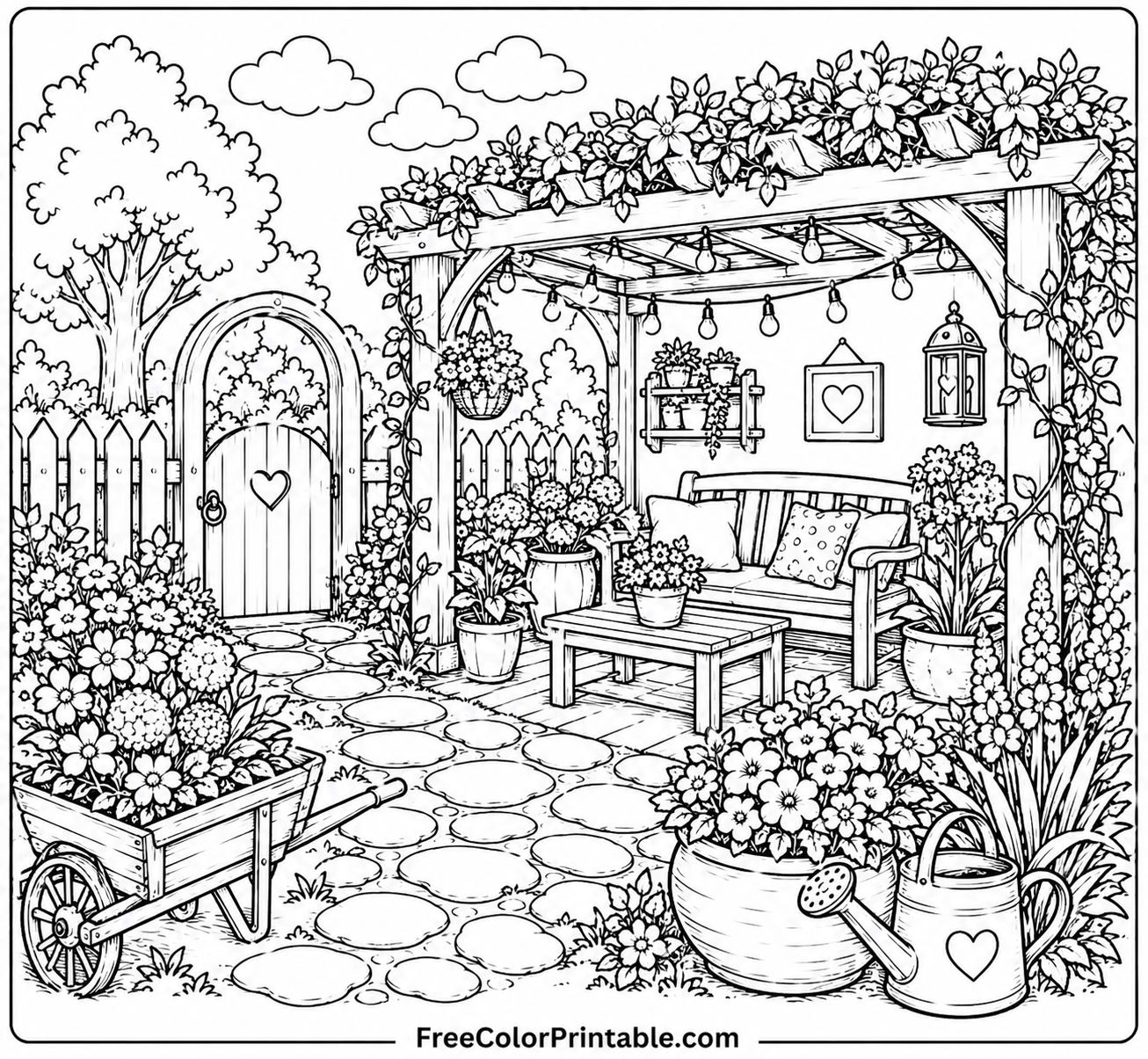 Cozy garden patio with pergola Coloring Page — Free Printable — free printable coloring page